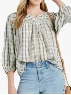 Knox Rose Target Chambray Denim Stripe 3/4 Long Sleeve Boho Scoopneck Peasant
